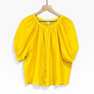 Sundance 100% Linen Yellow Short Puff Sleeve Button Up Loose Fit Top Size Small